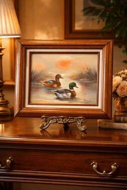 Signed Mallard Ducks Sunset Oil Painting Framed Wall Art